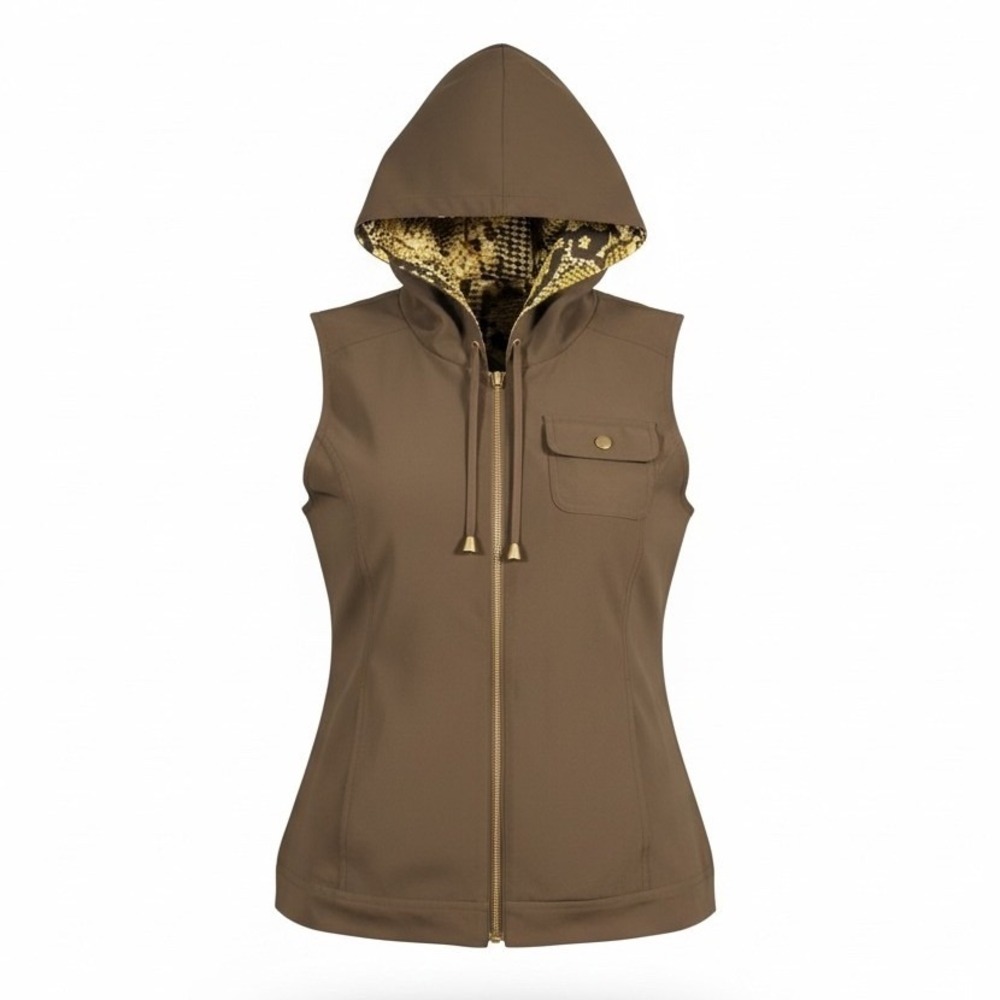 Reversible Hooded Vest Women's Snake Print‎ Brown Zip Pockets Outdoor Casual